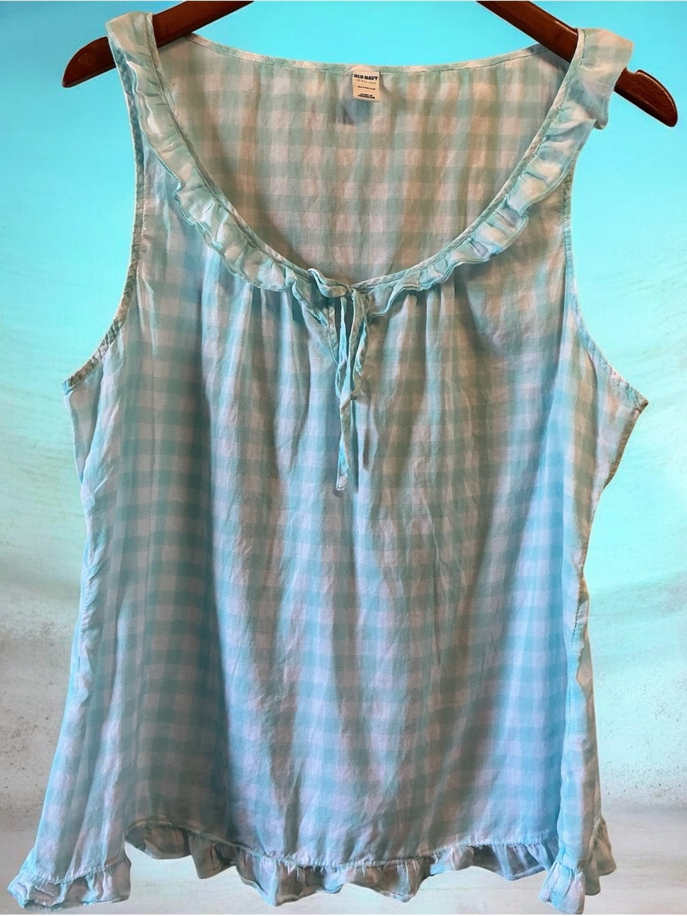 Old Navy Light Blue Gingham Ruffle Tie-Front Sleeveless Top